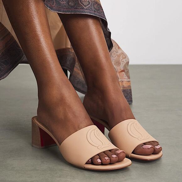 Christian Louboutin So CL Mules 55 Leather Heel Sandal Beige  Size 37 - Picture 2 of 12